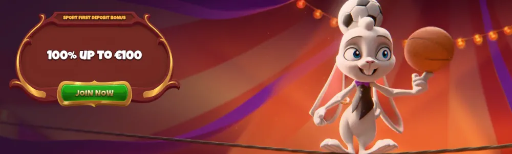 Banner bonus sportivo Magius con personaggio coniglio e offerta di match 100%